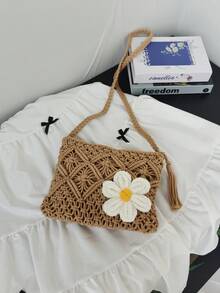 1 件夏季草编手提包，手工镂空菱形斜挎包，小号单肩包，适合海滩和度假的多功能包