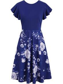 Women's Semi-Formal Ruffle Sleeve V-Back Work Fit And Flare Cocktail Knee Length Dress With Pockets, 2025 Style - 皇家花卉 - 查看 3