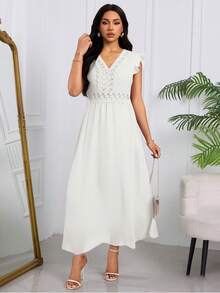 Elegante Vestido Largo Para Mujer Bordado Calado Con Mangas De Hojas De Loto,Vestido Unicolor De Empalme De Encaje Con Cuello En V Y Hueco De Talle Alto - Blanco - Ver 4