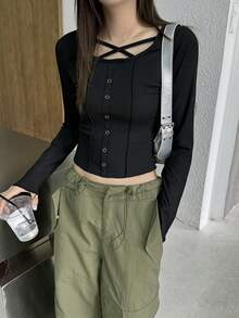 Women's Minimalist Solid Color Long Sleeve Shirt With Button Decor - Black - View 3