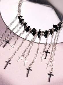 1pc Fashionable, Elegant, Unique, Refined, Dark Gothic, Y2K, Hip-Hop, Punk Style Cross Tassel Multi-Layer Necklace For Women, Suitable For Daily Wear, Festivals, Parties