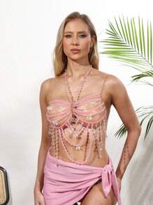 Corrente de biquíni sexy unissex, lingerie com colar de pérolas, arnês de peito, sutiã decorativo transparente exótico, adequado para praia, festa, feriado, festival de música