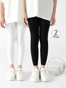 2/1 Pair Girls Tight Leggings, Children's Tights, Infant/Toddler Cropped Tights, Vertical Stripes, Black, White, Solid Color, Multi-Color, Lightweight For Spring/Summer, Minimalist Fashion, Suitable For Daily Wear, Soft & Comfortable Leggings, Can Be Paired With Short Sleeves, Back To School Season, Casual Versatile, Students, New School Term, Back To School, Classroom