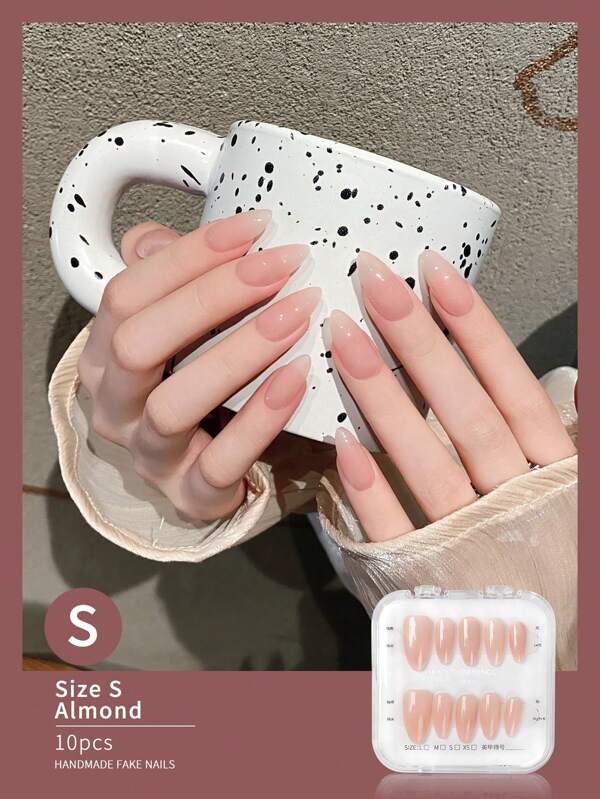 Get Romantic With10pcs Almond Size S Medium Length Simple Nude Color Long Press On Nails Full Cover Handmade False Nail For Women And Girls