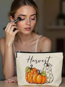 1pc Autumn Pumpkin Maple Leaf & Polka Dot Letter Pattern Linen Cosmetic Bag, Cute Travel Makeup Pouch & Multifunctional Coin Purse, Lightweight Women Essential Gift