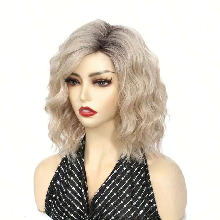 12 inch Ombre Bruin naar Blond Krullend Pruik met Zijscheiding, Kort Synthetisch Haarstuk voor Vrouwen - Natuurlijke Look voor Dagelijkse en Feestelijke Kleding - Ombre blond - Bekijken 6