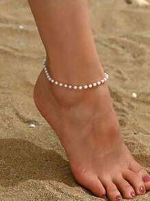 1 pieza Tobillera de acero inoxidable chapada en oro de 18K y perla falsa blanca, elegante, versátil, adecuada para vacaciones de verano en la playa