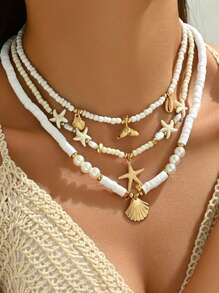 Set de 3 collares con colgantes de concha, cola de pez y estrella de mar, joyería de playa, viaje y fiesta para mujer