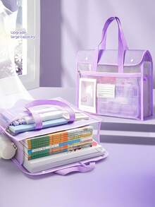 1pc Flip Cover Transparent Mesh Storage Bag, Large Capacity Document Bag With Stylish & Thick Mesh Material, Suitable For Students Exam And Back To School