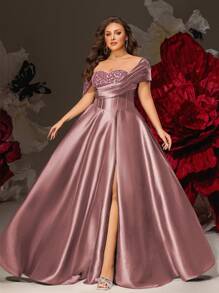 VIPGIRL Pink Sequin Satin One Shoulder Formal Dress For Women With High Slit, Elegant Plus Size Evening Gown, Long Prom Dress, Wedding Guest Dress, Luxury Party Dress, Glamorous Cocktail Dress, Dresses For Women Formal, Plus Size Gown