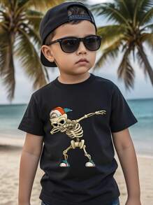 Young Boy Casual Skull Graphic Print Short Sleeve T-Shirt, Halloween Party
