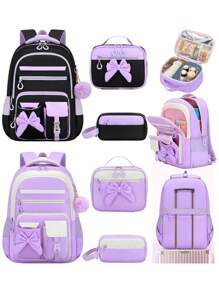3PCS Girls School Backpack Set With Bowknot, Lunch Box Bag & Pencil Case, Lightweight Multi-Pocket Student Bookbag, Fits 15.6 Inch Laptop, Travel Backpack, Back To School Essential, Ideal Birthday Gift 
