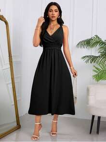Vestido Largo Liso Para Mujer, Vestido Escote Profundo en V,Vestido Con Tirantes Y Nudo Torcido, Vestido Diseño De Panel De Encaje Con Cintura Elástica - Negro - Ver 4
