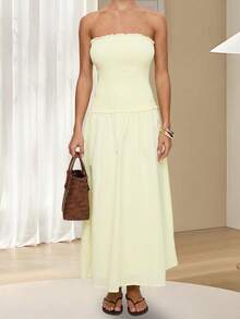 Women's Strapless Dress Stylish Solid Ruffled Trim Smocked A Line Tube Long Dress Y2K Going Out Beach Streetwear - Yellow - View 1