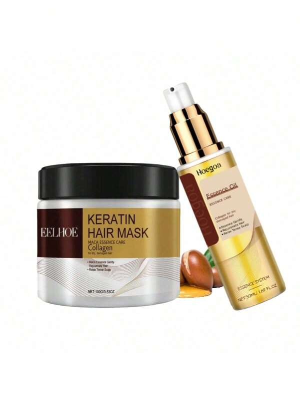 Set de Mascarilla hidratante de colágeno 3.53 OZ + Tratamiento capilar de Aceite de Argán Marroquí 1.69 FL.OZ, Reparación profunda, Anti-encrespamiento, Hidratación eficaz, Suave y brillante, Apto para cabello teñido y dañado, Set de cuidado para viajar y en el hogar