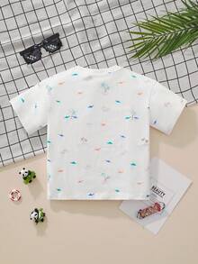 1pc Children Casual Cartoon Coconut Tree & Dinosaur Allover Print Round Neck Short Sleeve T-Shirt, Fashion For Spring & Summer - Multicolor - View 3