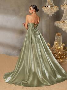 Faeriesty Faeriesty Elegant Strapless Evening Gown With Back Tie Closure & High-Slit Skirt – Elegant Formal Dress For Red Carpet Events, Gala Dinners, Wedding Receptions, Black-Tie Galas, And Grand Celebrations