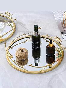 1pc Golden Round Glass Tray, Mirror Jewelry Tray, Perfume Tray, Mirror Vanity Tray, Dresser Tray Ornate Tray Metal Decorative Tray Perfume Organizer Makeup Tray For Vanity Dresser, For Home Room Living Room Office Decor