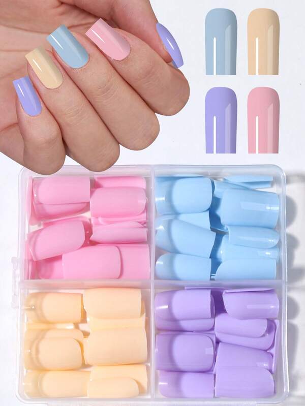 112 pièces/boîte (4 couleurs mélangées) Ongles courts ovales roses, jaunes, violets et bleus. Pointes d'ongles acryliques courtes à clipser, couvercle complet, faux ongles, contenant 1 pièce de colle de gelée et 1 pièce de lime à ongles, avec boîte de rangement, convient pour les femmes et les filles dans la vie quotidienne et pour les fêtes