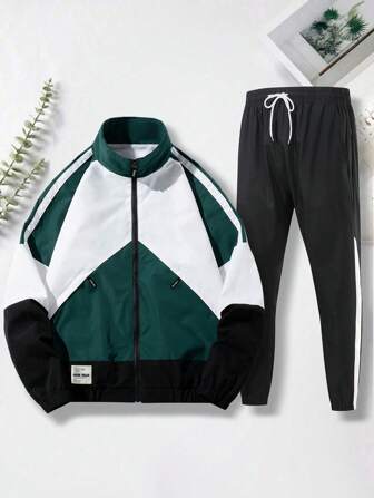 1 套男士撞色运动休闲时尚立领拉链夹克和裤子 2 件套，春秋季，防风透气