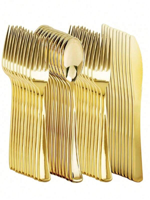 Juego de cubiertos de plástico dorado - 150/100/75/1 pieza - Utensilios de fiesta premium - Juego de cuchillos, tenedores y cucharas de plástico dorado (reutilizables), incluye 25 tenedores, 25 cucharas, 25 cuchillos, ideal para bodas, fiestas, reuniones, noches
