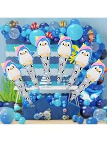6pcs 23.7inch Penguin Handheld Rod Foil Balloons, Animal Themed Balloons For Ocean Party, Birthday Party Decorations - Penguin Holding Balloons - View 3