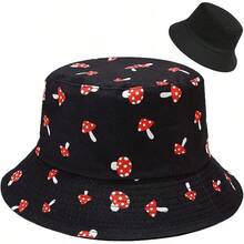 Reversible Bucket Hat For Women, Cute Beach Fisherman Style - Mushroom Black - View 1