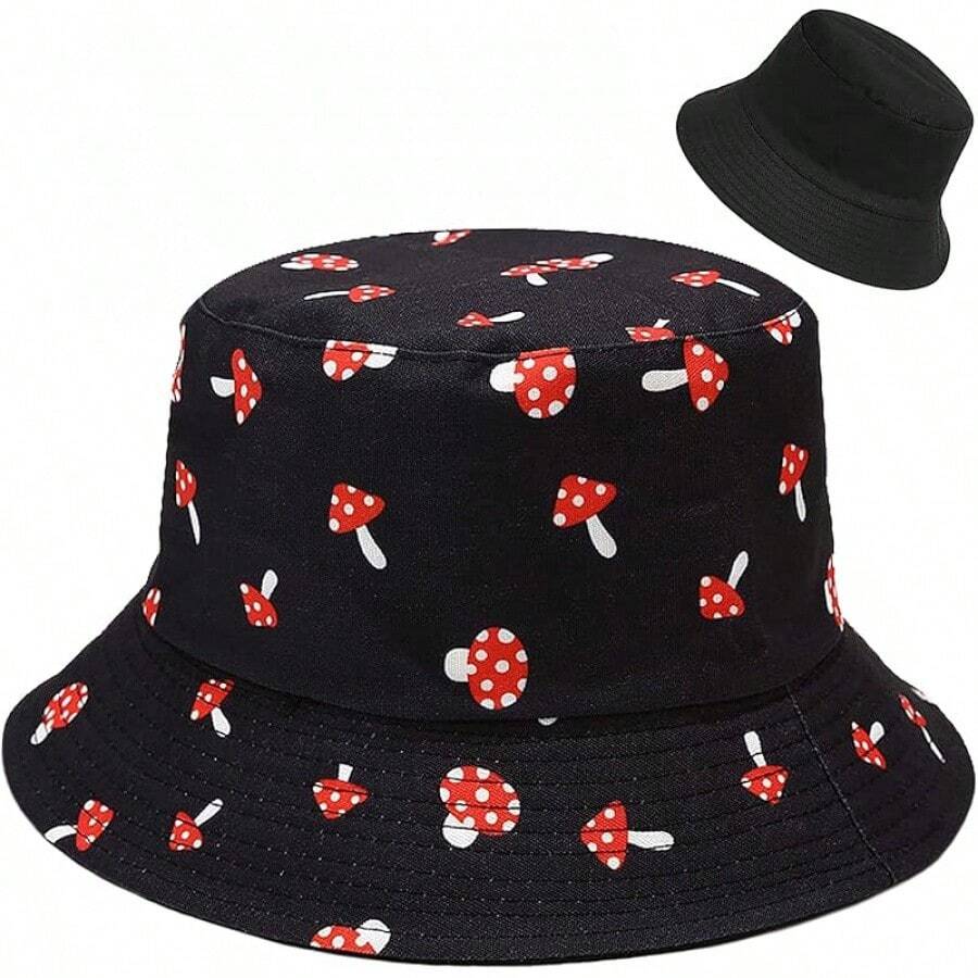 Reversible Bucket Hat For Women, Cute Beach Fisherman Style - Mushroom Black - View 1