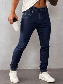 Pantalones vaqueros ajustados para hombre de color azul marino, tela transpirable y cómoda, ideales para estilos casuales urbanos - Azul lavado oscuro - Ver 2