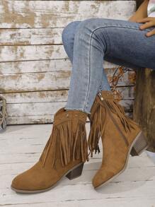 Women's Metal Decor Solid Color Fabric Fringe Boots, Outdoor Street Casual Fashion, Comfortable Thick Sole Brown Ankle Boots