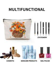 1pc Autumn Pumpkin Sunflower Maple Leaf Bow Carving Letter & Linen Print Makeup Bag, Cute Travel Cosmetic Bag & Multipurpose Coin Purse, Convenient Gift For Women