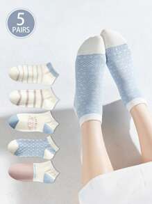 5 Pares (Estilos Aleatórios) Meias Curtas Estilo Japonês para Mulheres, Verão Boca Rasa Listrada Retalhos Urso Corte Baixo Respirável Alto Meias Fofas