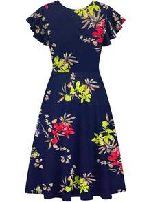 Vestido de cóctel de longitud hasta la rodilla con bolsillos, manga con volantes, escote en V en la espalda, ajuste entallado y vuelo, estilo 2025 para uso semiformal - Azul Rojo - Ver 3