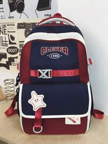 1 Pc American Retro Style Student Backpack.Large Capcity School Bag With Smiling Star Applique.Dual-Compartment Design With 'Cookies' Patch And Adjustable Padded Straps.Lightweight School Backpack.Lively Student Bag.Women's Backpack.Soft Fabric School Rucksack With Side Toggle Pockets.Back To School Supplies.Perfect For School,Back To School, Picnics Or Family Outings,Weekender.Summer Necessities.