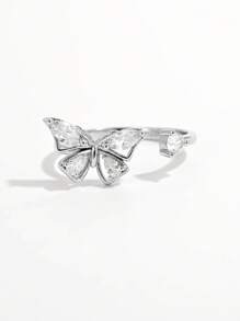 Vaerine 1pc Elegant Fashionable Simple Shiny Refined 925 Silver Cubic Zirconia Butterfly Adjustable Ring, Women Gift For Dating, Wedding, Proposal, To Showcase Charm