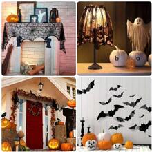 40pcs/Set Halloween Spider Web Tablecloth, Table Runner, Fireplace Scarf, Lamp Shade, Bat Halloween Decoration Set