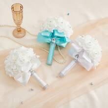 Artificial Wedding Bride Bouquet Handheld Bridesmaid Flower With Ribbon - Baby Blue - View 3