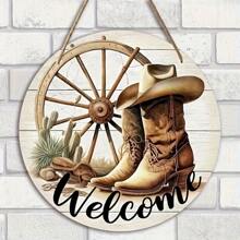 [1pc Rustic Cowboy Sign] Rustic 1pc Cowboy Welcome Sign | Round Wooden Wall Decor With Cowboy Boots, Cactus & Lasso Design, Ideal For Porch & Home, Charming Country Style Gift, Cowboy Hat