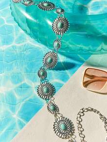 Tropiscape 1pc Women Bohemia Turquoise & Flower Decor Chain Belt For Dress Decoration Boho Vacay Vibes Vacation Relax Beach Autumn Winter Gifts - Silver - View 5