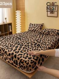 2/3pcs Brown Leopard Print Bedding Set (1pc Fitted Sheet + 1/2pcs Pillowcase), Soft & Breathable, Fits Twin, Full, Queen, King Size Beds, Fitted Sheet Depth Up To 11.8 Inches, Home Textile