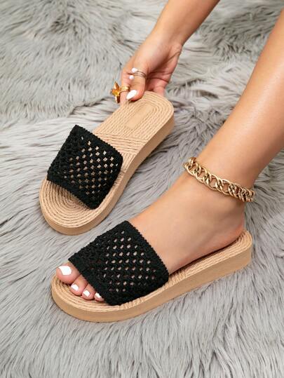 Women's Flat Sandals, Flat Slippers, Wedge Slippers, Low-Heel Strap Sandals, Woven Rope Slides In Black, Brown, Beach Style, Geometric Pattern, Solid Color, Elegant, Preppy, Beach, Casual, Cute, Bohemian, Summer, Suitable For Beach, Party, Office, Outdoor