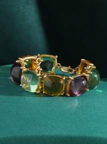 Vintage bronze-plattiertes 18k Goldfarbenes, übertriebenes, transparentes Kunstharz-Emaille Bonbon-farbenes Halskette, Armband, Ohrring Schmuckset
