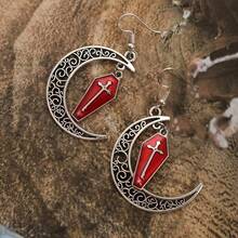 1 Pair Vintage Gothic Engraved Moon & Enamel Cross Coffin Pendant Earrings, Halloween Gift