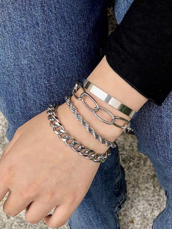 4pcs Simple And Stylish Thick Chain Bracelet Set With Metal Chain Combination, Rope, Chain And Chain Design, Multi-Layer Bracelet, Holiday Date Gift, Daily Matching
