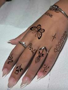 20pcs Creative Black Small Design Fake Tattoos, Realistic Branch, Planet, English Letter Tattoo Stickers Waterproof Temporary Tattoos For Men & Women, Arm, Face, Neck Decoration - Black - View 7