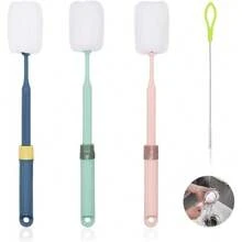 JUMRHFAN 3 Stücke Flaschenbürste, Bequemer Griff Flaschenreiniger mit Strohhalmreiniger, Verstellbarer Griff Schwamm Flaschenreinigungsbürste für Wasser Baby Bierflasche Becher (3 Farben)