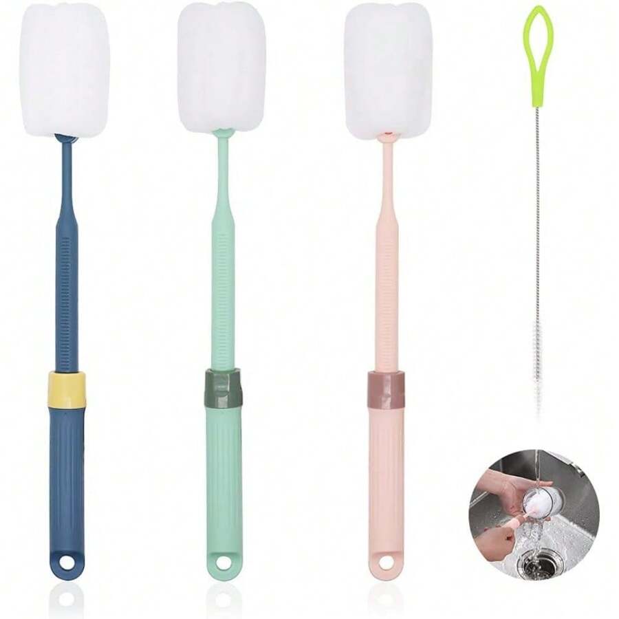 JUMRHFAN 3 Stücke Flaschenbürste, Bequemer Griff Flaschenreiniger mit Strohhalmreiniger, Verstellbarer Griff Schwamm Flaschenreinigungsbürste für Wasser Baby Bierflasche Becher (3 Farben)