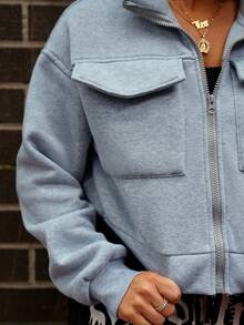 SAYEHFBABY Solid Zip Up Drop Shoulder Sweatshirt,Long Sleeve Tops - Grey - View 8