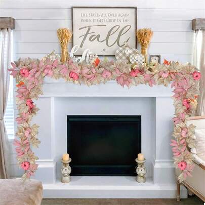 Fall Garland Artificial Maple Leaves Garland With Pink Pumpkins Hanging Decor For Thanksgiving Halloween Holiday Party