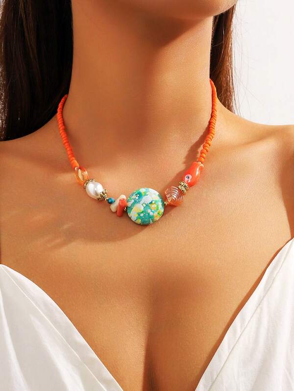 Ceramic Fish Pendant Necklace - Bohemian Handcrafted Beaded Statement Jewelry For Women, Colorful Adjustable Summer Festival Gift